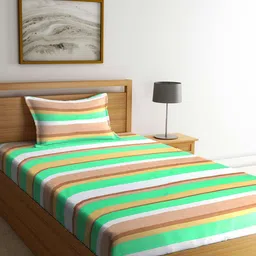 KLOTTHE Brown & Green Striped 300 TC Single Bedsheet with 1 Pillow Covers-image-45