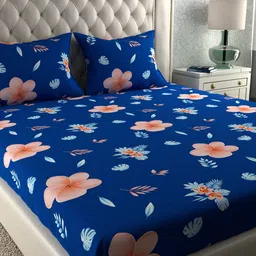 LA VERNE Blue & Pink Floral 144 TC King Bedsheet with 2 Pillow Covers-picture-10
