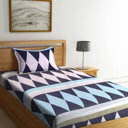 Arrabi Blue & Pink Geometric 300 TC Single Bedsheet with 1 Pillow Cover-image-68