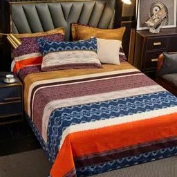 JC HOME Blue & Red Striped 220 TC King Bedsheet with 2 Pillow Covers image 1