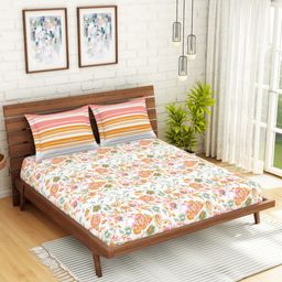 SPACES Peach-Coloured  Floral Printed 144 TC 1 Queen Bedsheet with 2 Pillow Covers-picture-30