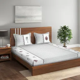 Rajasthan Decor White & Grey Floral 144 TC King Bedsheet with 2 Pillow Covers-picture-16