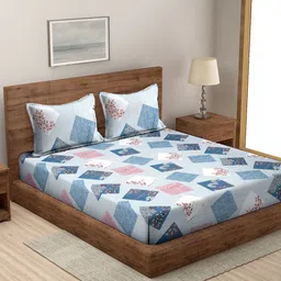 MODEFE Blue & Pink Floral Microfiber 144 TC Queen Bedsheet With 2 Pillow Covers-picture-25