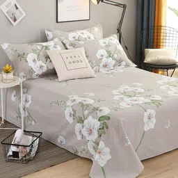JC HOME Grey & White Floral 210 TC Pure Cotton King Bedsheet image 1