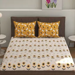 Florida Cream-Coloured & Yellow Floral Printed 200 TC Queen Bedsheet Set 2.28 m x 2.45 m image 3