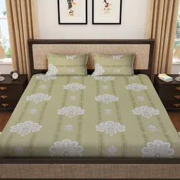 KLOTTHE Green & White Floral Printed 400 TC Pure Cotton Fitted Double Bedsheet Set image 3