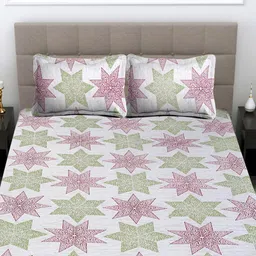 FABINALIV Off White & Green Geometric 300 TC Fitted King Bedsheet With 2 Pillow Covers image 5