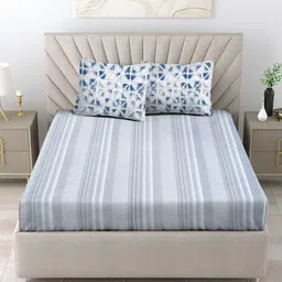 ratan cart TARAN LIVING Charcoal & White Geometric 120 TC Cotton King Bedsheet & 2 Pillow Covers image 4