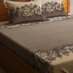 Home Sizzler Camel Brown & Black Floral 210 TC Queen Bedsheet with 2 Pillow Covers image 2