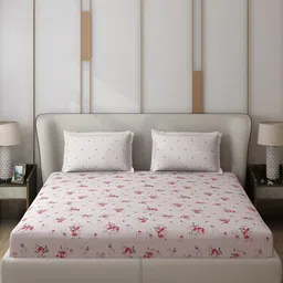 Monte Carlo Edmond Peach-Coloured & Red Floral 130 TC Queen Bedsheet with 2 Pillow Covers image 2
