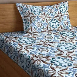 Arrabi Blue & Brown Ethnic Motifs 300 TC Single Bedsheet with 1 Pillow Cover image 3