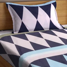 Arrabi Blue & Off White Geometric Printed 300 TC Single Bedsheet with 1 Pillow Cover image 4