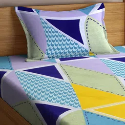 Arrabi Blue & Mustard Graphic 300 TC Single Bedsheet with 1 Pillow Covers image 2