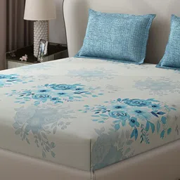 Monte Carlo Aromatic Off White & Blue Floral 110 TC Queen Bedsheet with 2 Pillow Covers image 2