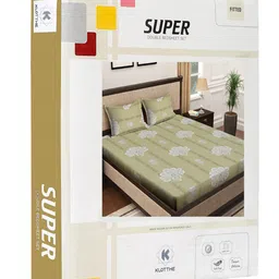 KLOTTHE Green & White Floral Printed 400 TC Pure Cotton Fitted Double Bedsheet Set image 5