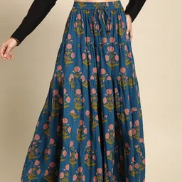 Women Floral Print Tiered Blue Skirt-image-3