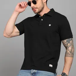 alan jones Men Solid Polo Neck Cotton Blend Black T-Shirt-picture-21