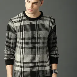 roadster Men Checkered Round Neck Black, Grey Sweater-picture-45