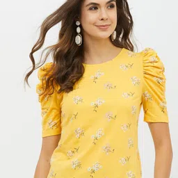 harpa basics Women Printed Round Neck Pure Cotton Yellow T-Shirt-picture-21
