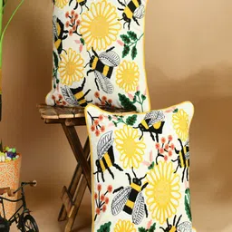 SHADES of LIFE Cream-Coloured & Yellow Set of 2 Embroidered Square Cotton Cushion Covers image 1