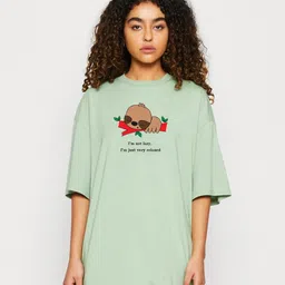 Kotty Green Printed Round Neck Drop-Shoulder Sleeves Oversized T-shirt image 2