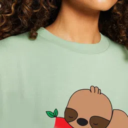 Kotty Green Printed Round Neck Drop-Shoulder Sleeves Oversized T-shirt image 3