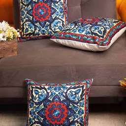 STUDIOHMK Navy Blue & Pink Kashmiri Embroidered Square Cushion Covers image 1