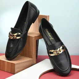 DressBerry Women Black And Gold-Toned Embellished Leather Loafers-picture-23