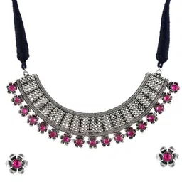 Crunchy Fashion Oxidised Silver-Plated Pink Stone-Studded Antique Jewellery Set image 3