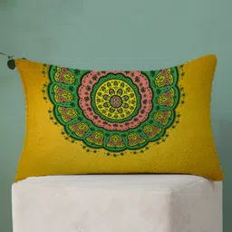 STITCHNEST Pack Of 2 Yellow Ethnic Motifs Printed Rectangle Cushion Cover image 4