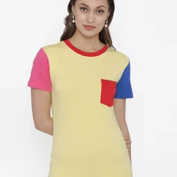 DOOR74 Women Yellow & Pink Cotton T-shirt-image-63