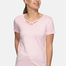 Trends Tower Women Pink V-Neck Pure Cotton T-shirt-picture-16