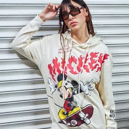 Bewakoof Heavy Duty 1.0 Official Disney Gardenia Skater Mickey Oversized Hooded Sweatshirt-picture-21