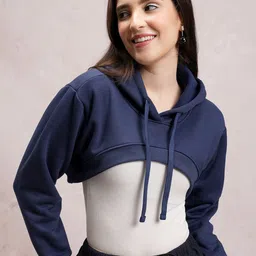 Tokyo Talkies Navy Blue Typography Printed Hooded Crop Sweatshirt-image-87