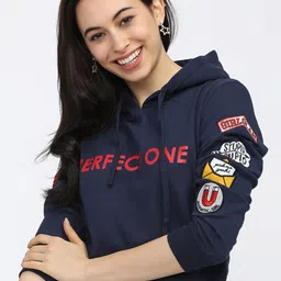 Tokyo Talkies Women Navy Blue Printed Hooded Sweatshirt-picture-23