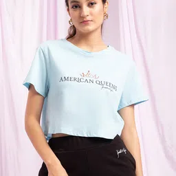 KENDALL & KYLIE Women Blue Typography Raw Edge Oversized  T-shirt-picture-40