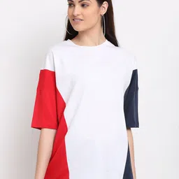 DOOR74 Women White & Navy Blue Colourblocked Boxy CottonT-shirt-image-10