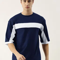 Maniac Men Navy Blue & White Colourblocked Drop-Shoulder Sleeves Boxy T-shirt-picture-32