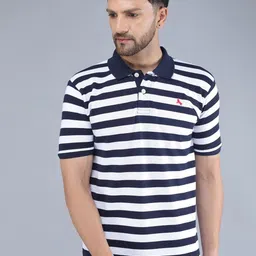 TQS Men Navy Blue Striped Polo Collar Slim Fit T-shirt-image-51