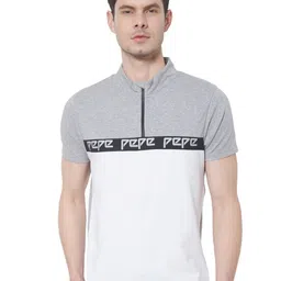 Pepe Jeans Men Grey Melange & White Colourblocked Diego Zip Through Tee Cotton T-shirt-picture-32