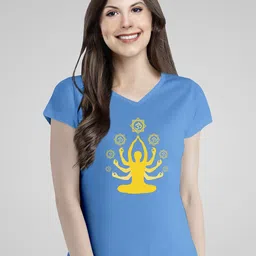 Pootlu Women Blue & Yellow Printed V-Neck T-shirt-image-16