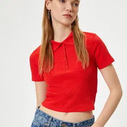 Koton Women Polo Collar Solid Slim Fit Cherry Red T-shirt-picture-23