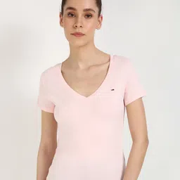 Tommy Hilfiger Women Solid V-Neck Slim Fit Cotton T-shirt-image-72