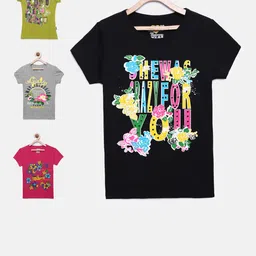SINI MINI Girls Pack of 4 Printed Round Neck T-shirts-picture-12