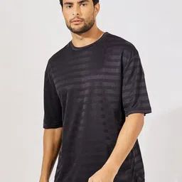 Styli Men Black Self Stripe Stretch Knit Oversized Crew Neck T-Shirt-picture-31