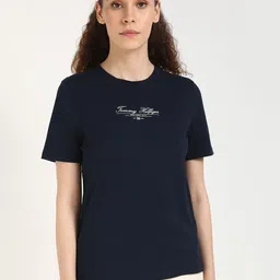 Tommy Hilfiger Women Typography Printed Round Neck Cotton T-shirt-image-87