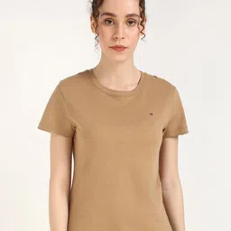 Tommy Hilfiger Women Solid Round Neck Slim Fit Cotton T-shirt-image-93