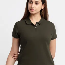 Status Quo Women Olive Green Solid Polo Collar Cotton T-shirt-image-15