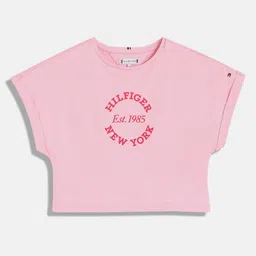 Tommy Hilfiger Girls Typography Printed Roll-Up Sleeves Relaxed Fit Cotton T-shirt-image-36