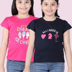 StyleStone Girls Pink & Navy Blue Typography 2 Printed Extended Sleeves T-shirt-picture-23